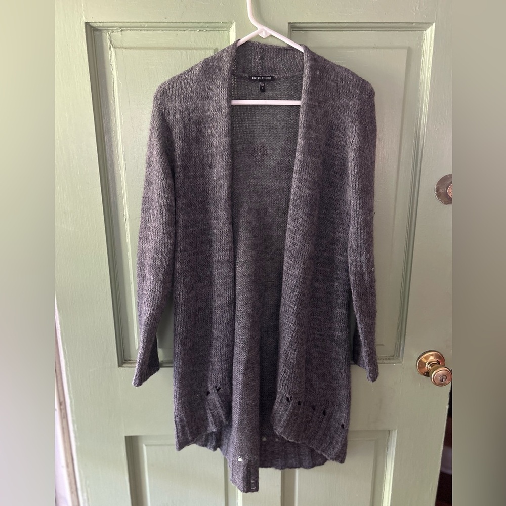 Eileen Fisher grey Baby Alpaca wool linen cardigan open waterfall sweater xs b5